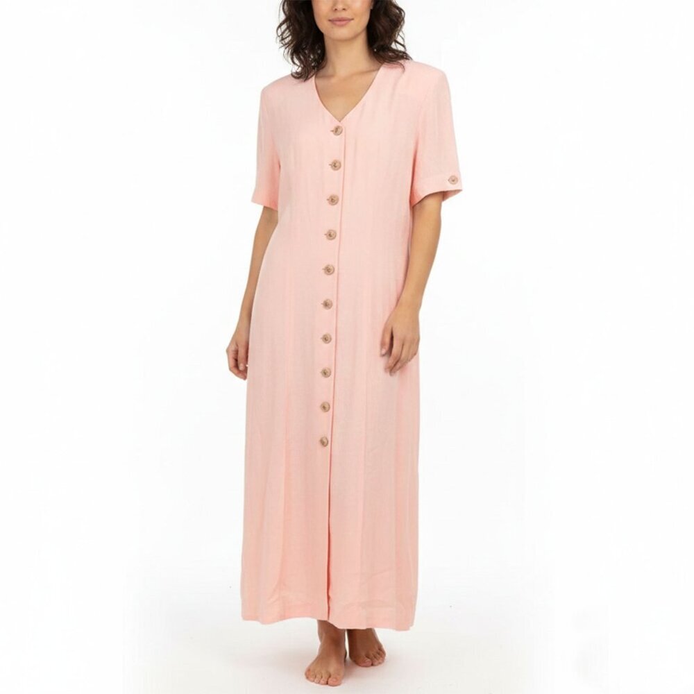 Vintage Sophisticate 80s Maxi Dress Short Sleeves Open Tie Back Button Down Slit